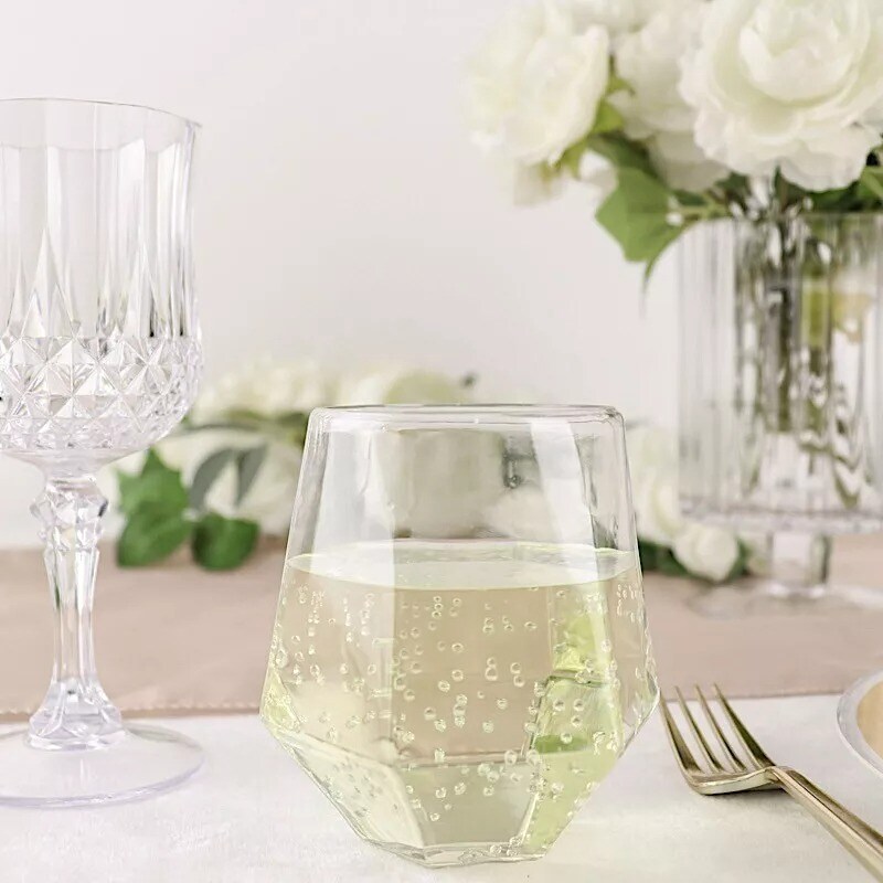 12 Clear 12 oz Geometric Stemless Plastic Wine Glasses Party Events Decorations