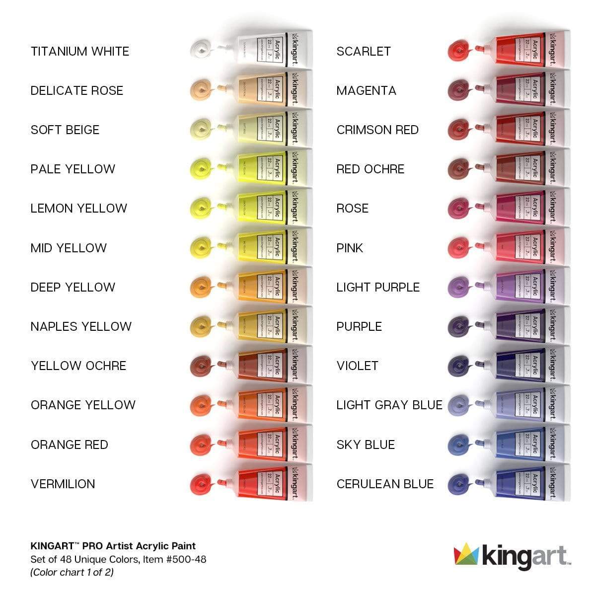 KINGART&#xAE; PRO Artist Acrylic Paint, 22ml (0.74oz), Set of 48 Colors