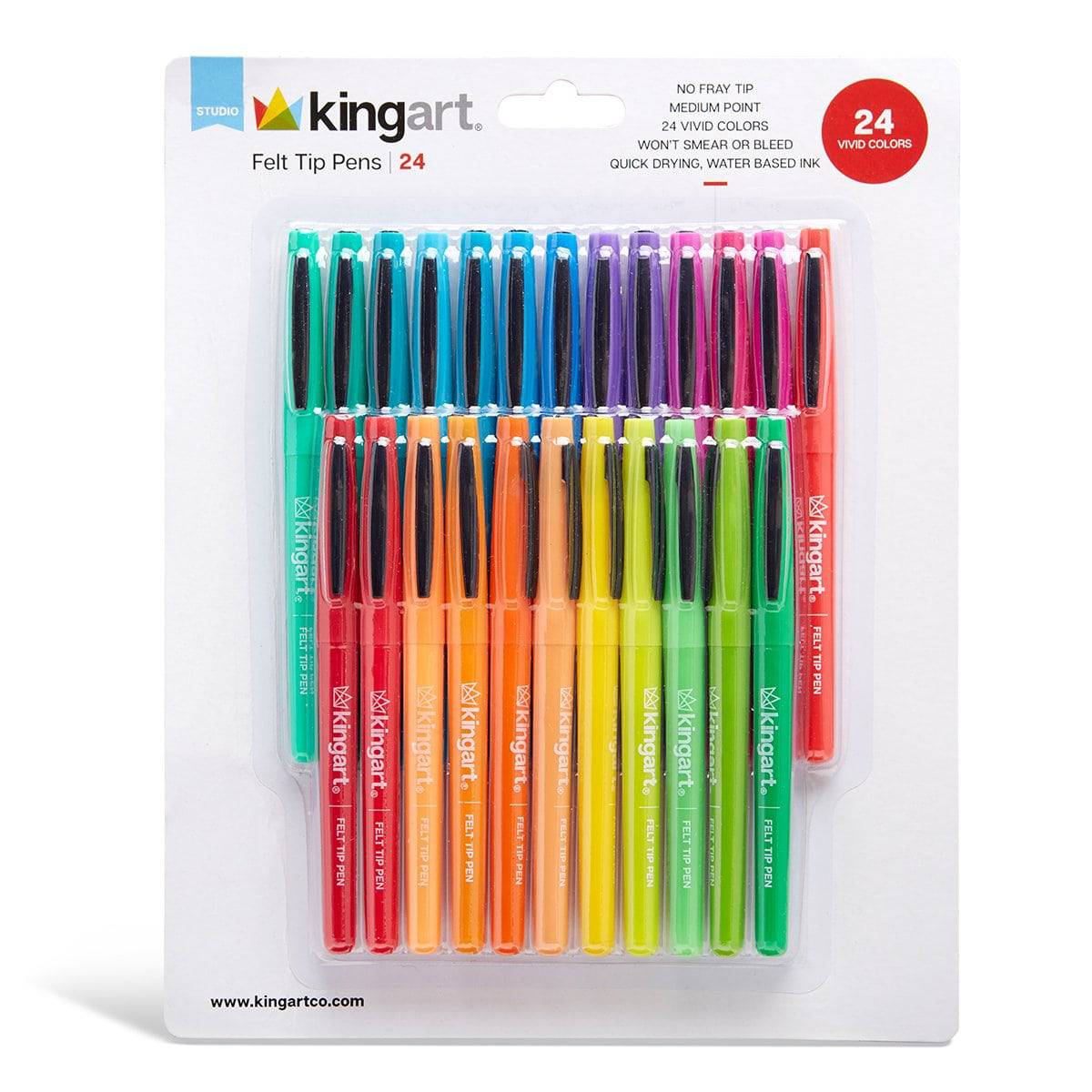 KINGART&#xAE; Felt Tip Pens, Medium Point, Set 24 Unique Bright Colors