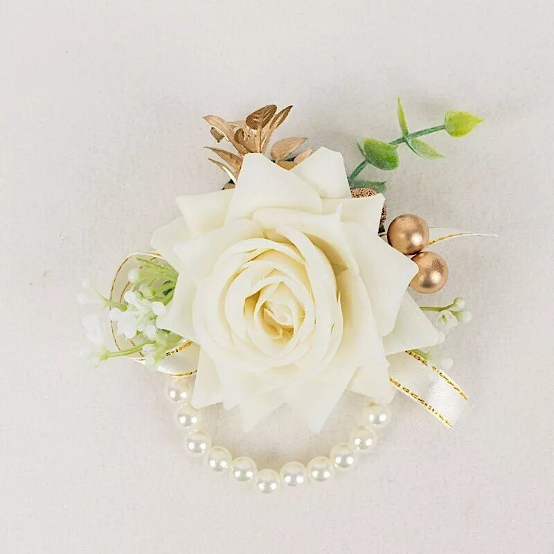 White 2 Silk Rose 4&#x22; Wrist Corsages with Pearls Artificial Flowers Wedding