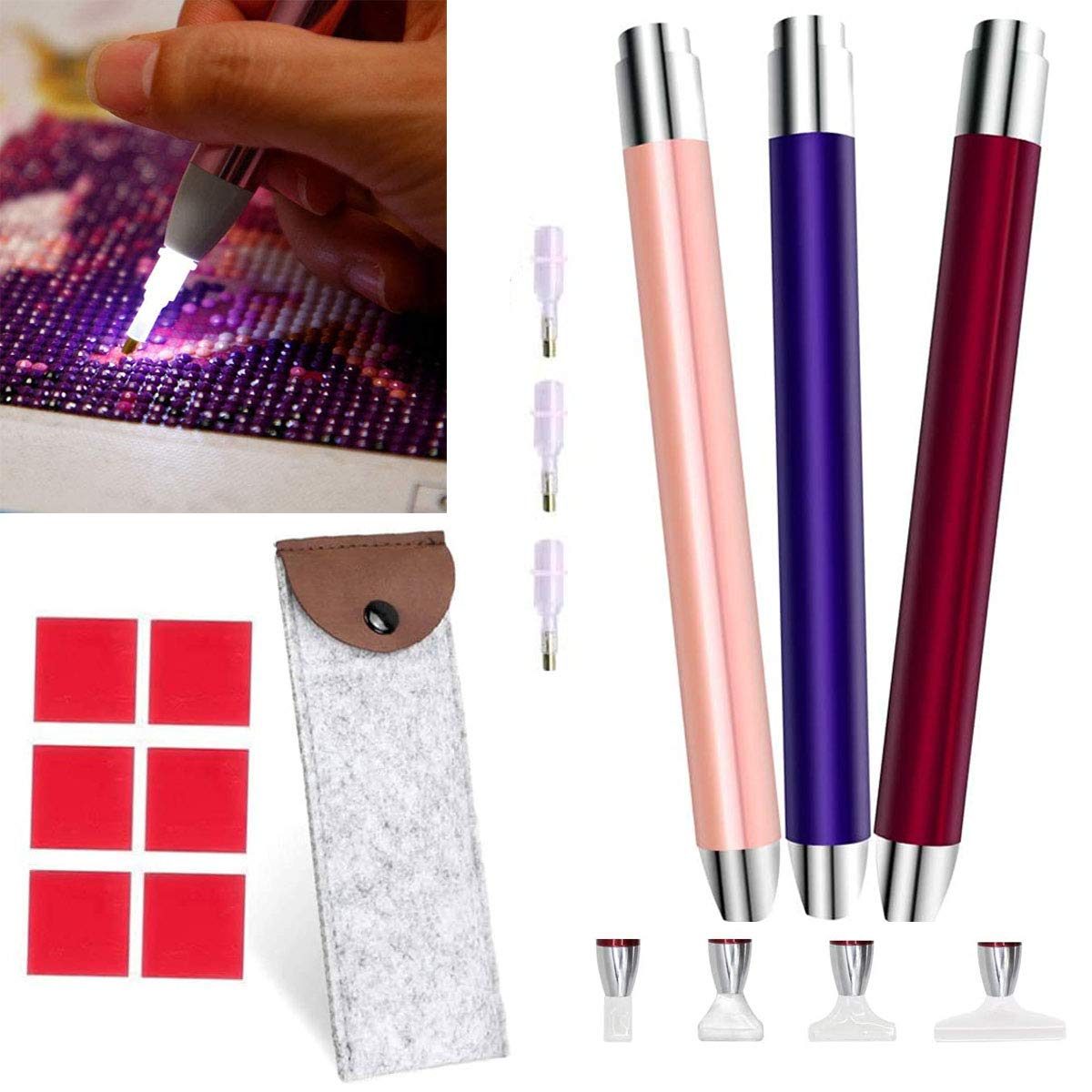 VAVCASE diamond art painting Pen with Light - 3PCS Diamond Dots Painting Tools -Lighting diamond art painting Tools 4 Pen Heads, Storage Bag-Nail Art DIY Decoration Sewing Cross Stitch Accessories