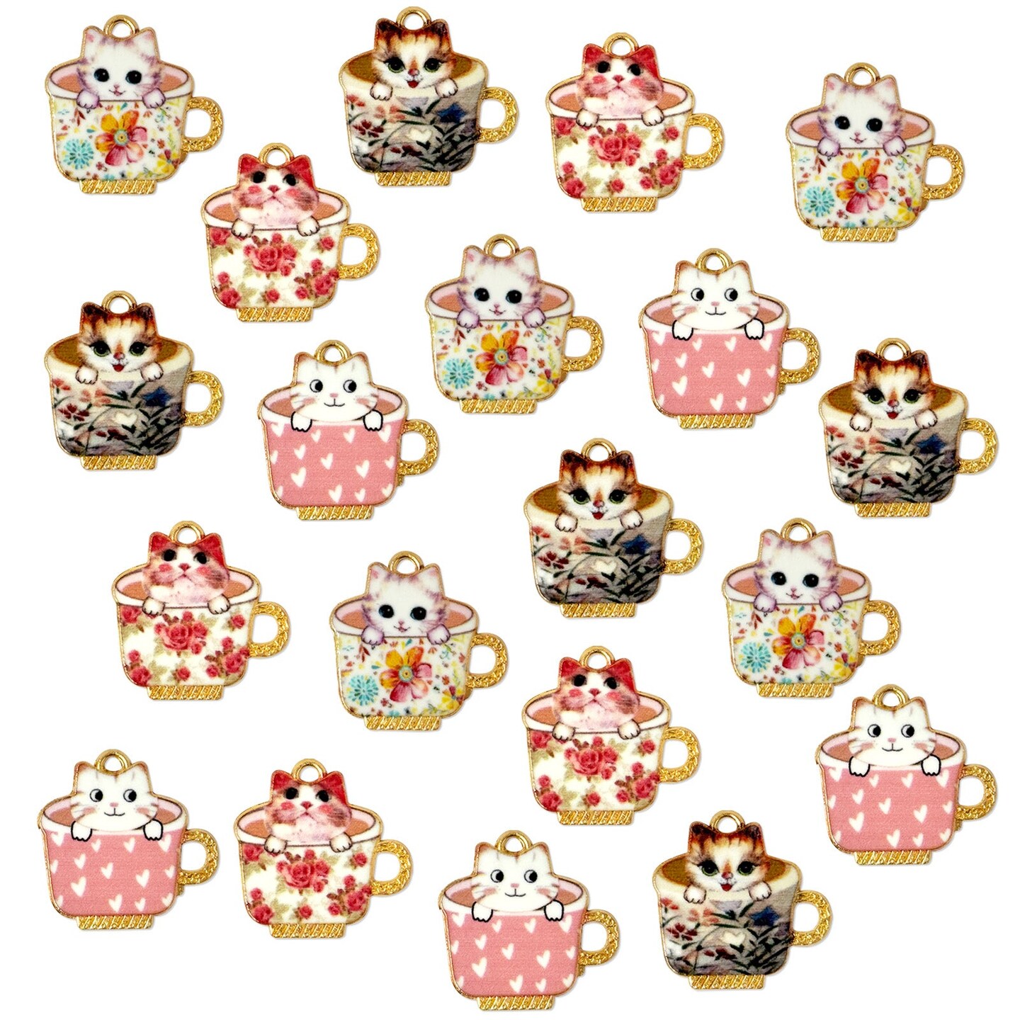 Wrapables Nature Charms for Jewelry Making Enamel Pendants, (Set of 20), Cats in a Cup