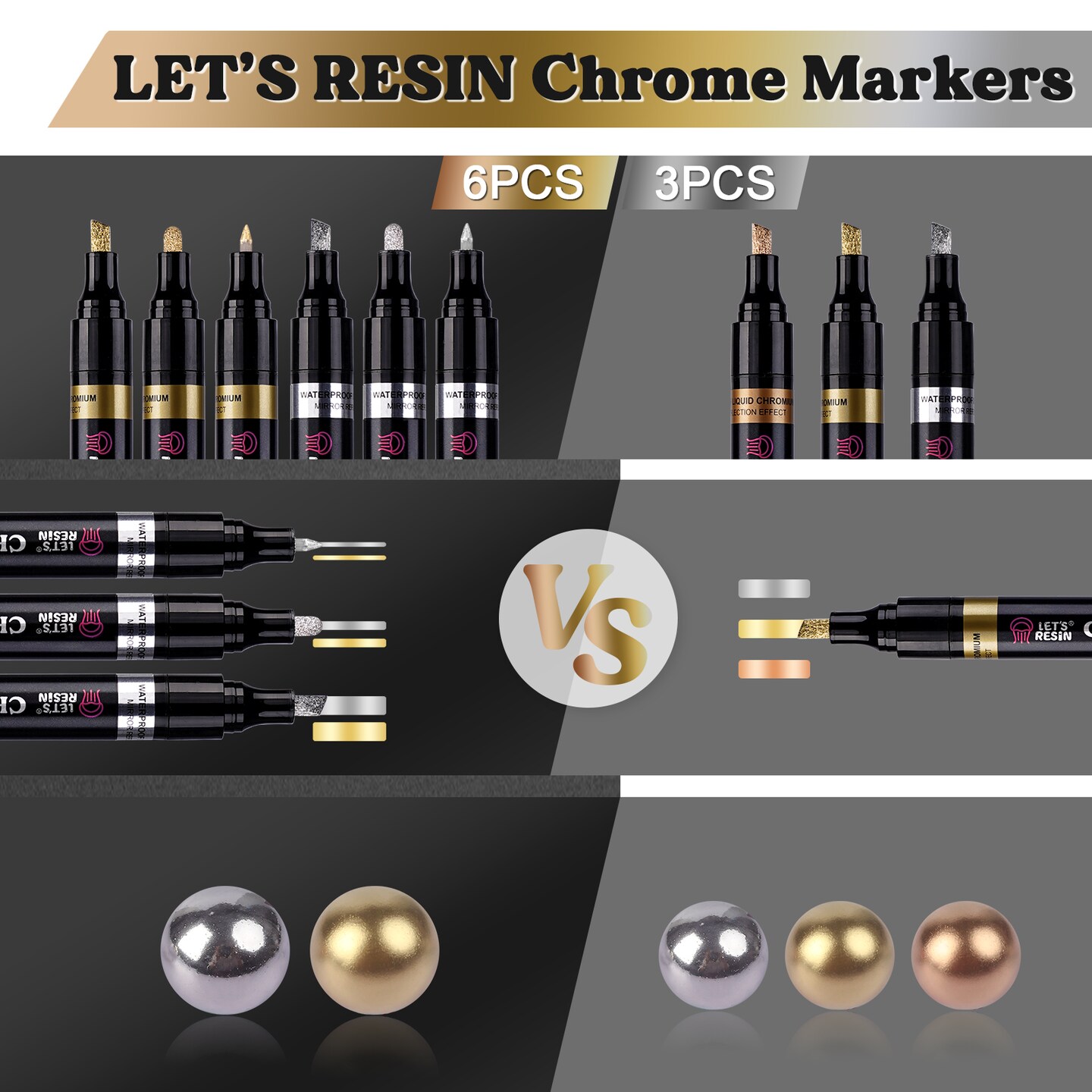 LET&#x27;S RESIN 6Pcs Mirror Chrome Markers,3 Sizes Shiny Chrome Paint Pen with Large Barrel, Quick Dry Oil-based Silver &#x26; Gold Markers for Metal, Resin, Model Painting, Marking or DIY Art&#xFF08;1-5mm&#xFF09;
