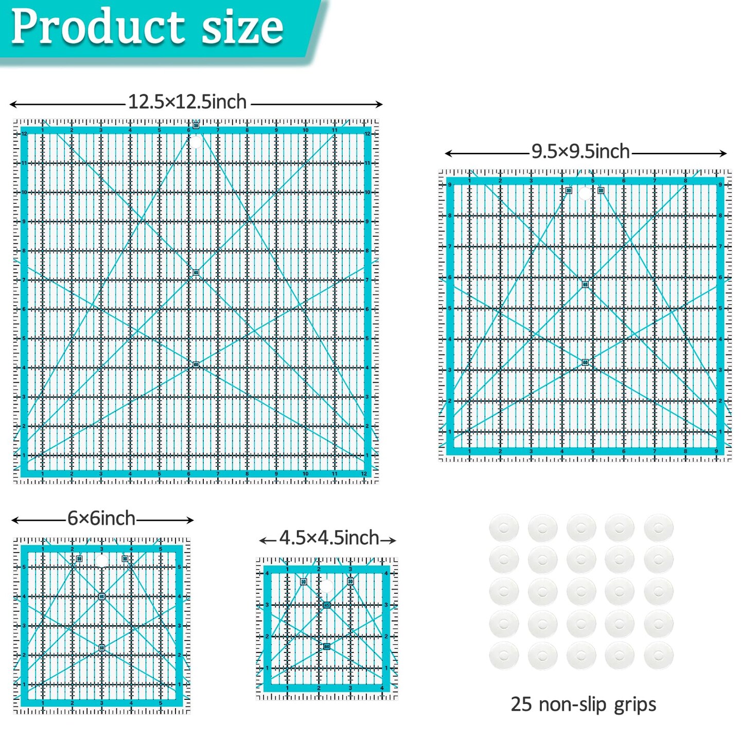 Quilting Rulers, Acrylic Quilt Ruler,4 Square Fabric Cutting Ruler (4.5&#x22;X4.5&#x22;, 6&#x22;X6&#x22;, 9.5&#x22;X9.5&#x22;, 12.5&#x22;X12.5&#x22;), Quilting Templates with Non Slip Rings. (Blue)