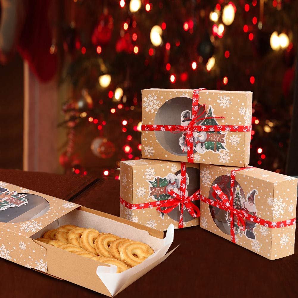OurWarm 12 Packs Christmas Cookie Boxes with Window, Food Grade Kraft Bakery Boxes with Oilpaper and Ribbons, Cupcake Boxes for Holiday Gift Giving, Christmas Party Favors, Fits 12 Cookies or Cakes