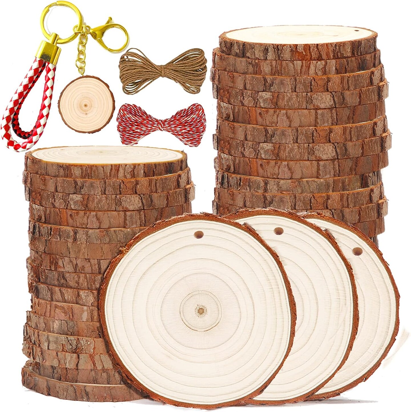 Wood Slices 30 Pcs 3.5-4.0 inch Natural Rounds Unfinished Wooden Circles Christmas Wood Ornaments for Crafts Wood Kit Predrilled with Hole Wood Coasters Craft Supplies for DIY and Painting