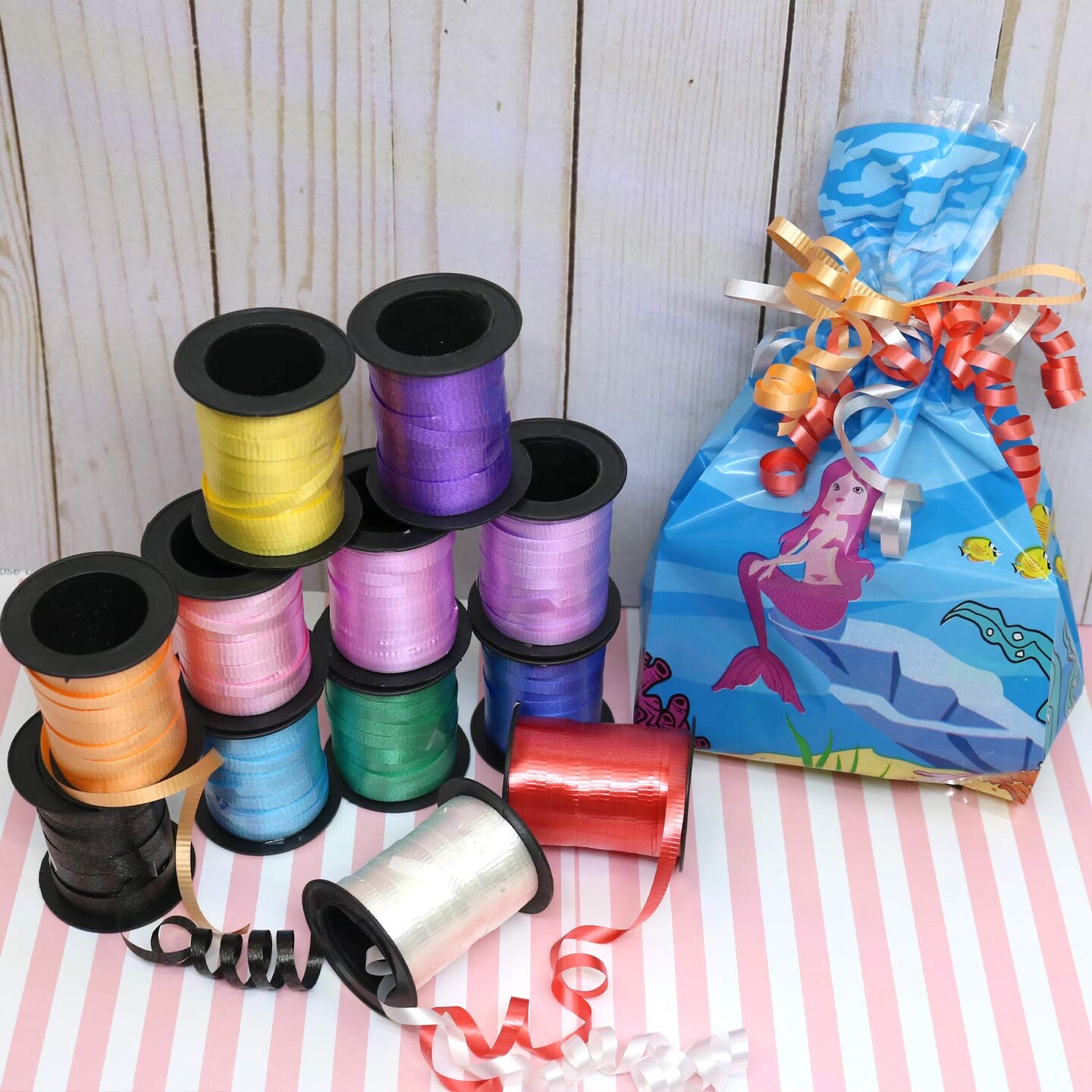 GIFTEXPRESS 12 Curling Ribbon Balloon String Assortment, 12 Crimped Ribbon Rolls Assorted Vivid Colors, 3/16" Ribbon x 60 Ft per Roll for Balloon Band Tie, Art Crafts, Gift Wrapping, Florists