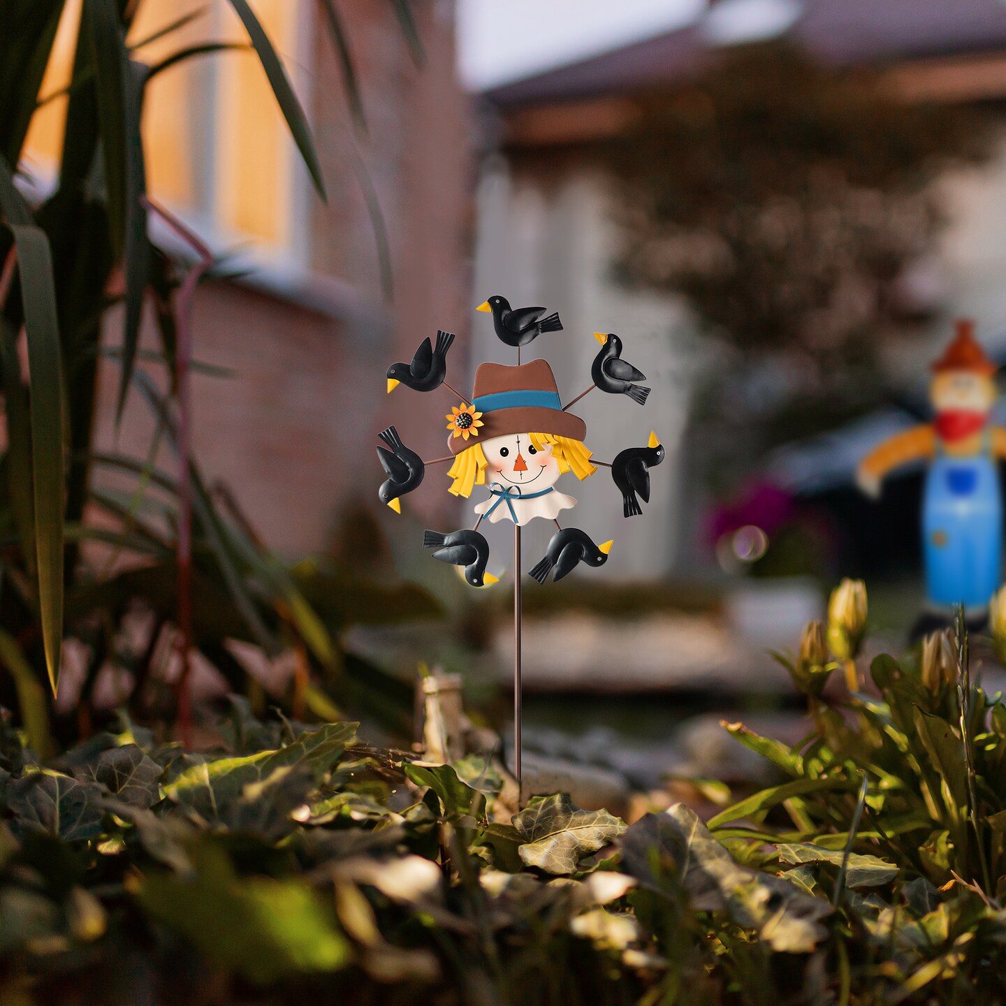 41.75"H Fall Metal Scarecrow Head with Crows Windmill Yard Stake or Hanging Decor (KD, Two Function)