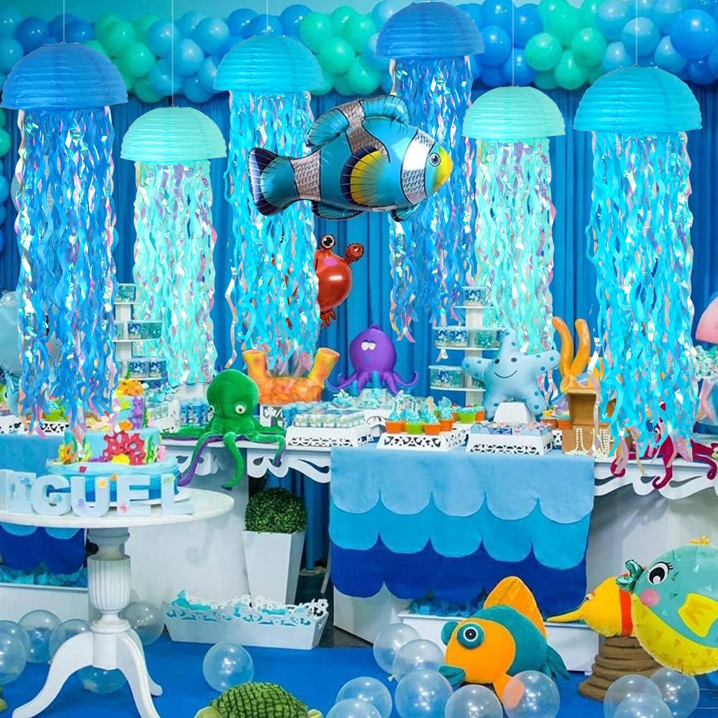 ADLKGG Blue Hanging Jelly Fish Paper Lanterns, Gradient Colorful Paper Lanterns for Mermaid Theme Party Under The Sea Ocean Birthday Decorations Baby Shower Baby Room