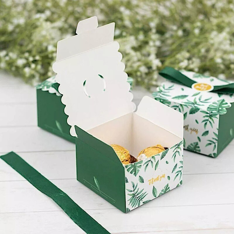 25 Green Monstera Leaf Print Favor Gift Boxes Satin Ribbon Bow Party Decorations