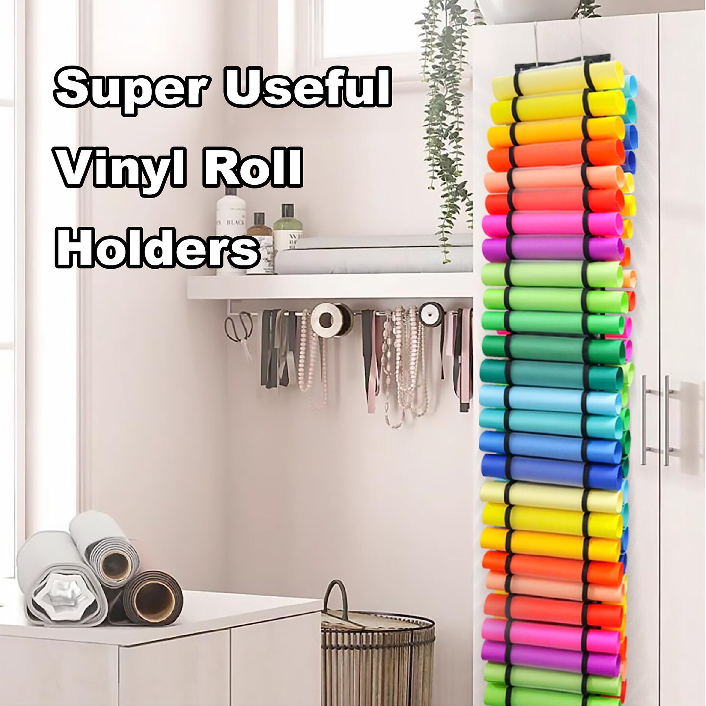 Vinyl Roll Holder, 60 Compartments Vinyl Roll Storage for Permanent Vinyl Organizer, Craft Storage Organizer,Vinyl Storage Rack for Home Crafts, Door/Wall Mount