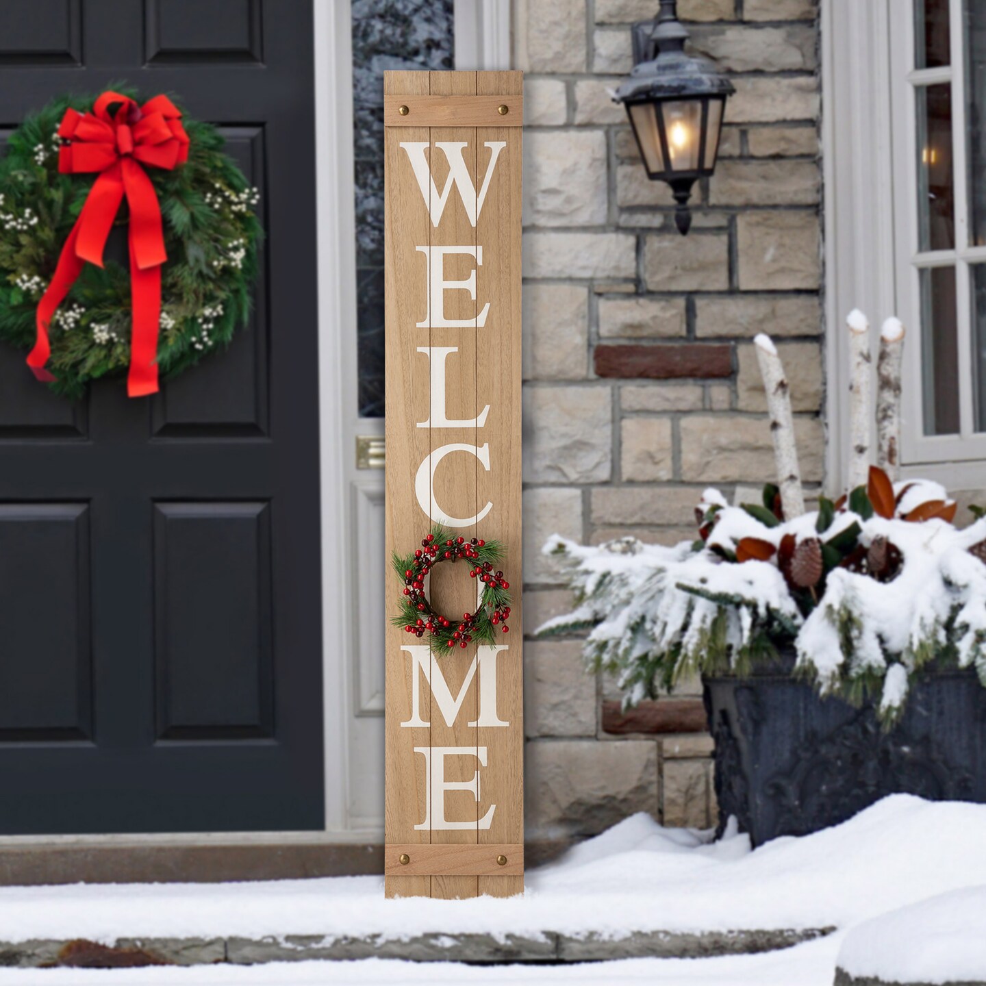 60&#x22;H Wooden Fall Christmas Welcome Porch Sign with 4 Floral Wreaths