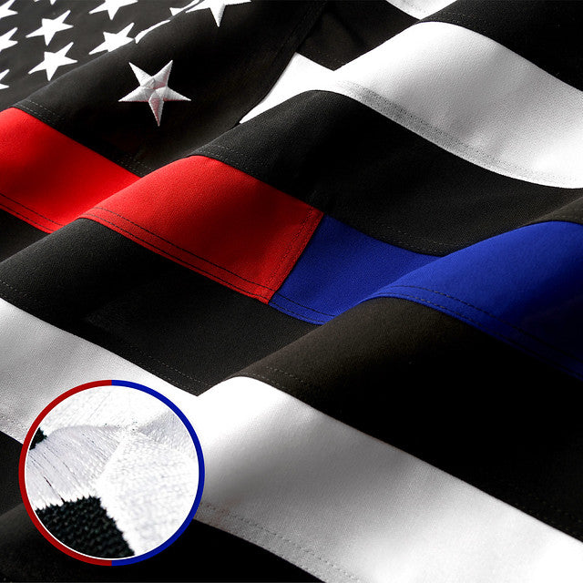 G128 - Thin Blue Line Police &#x26; Thin Red Line Firefighter Heavy Duty 220GSM Tough Spun Polyester Embroidered 4x6ft US American Flag Brass Grommets Honoring Law Enforcement Officers First Responder