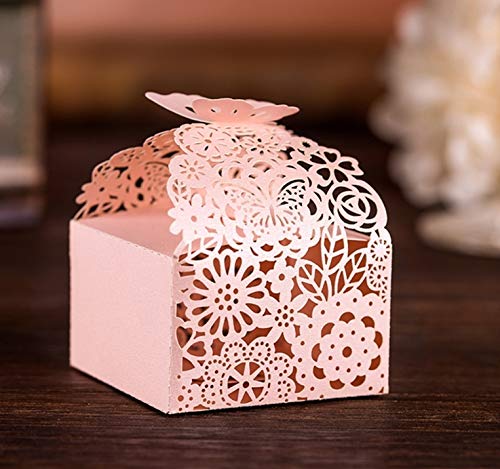 KAZIPA 50pcs Laser Cut Butterfly Favor Boxes, 2.6&#x22; x 2.6&#x22; x 1.6&#x22; Floral Favor Boxes, Party Favor Boxes for Bridal Shower Anniversary Wedding Party Favor, Pink