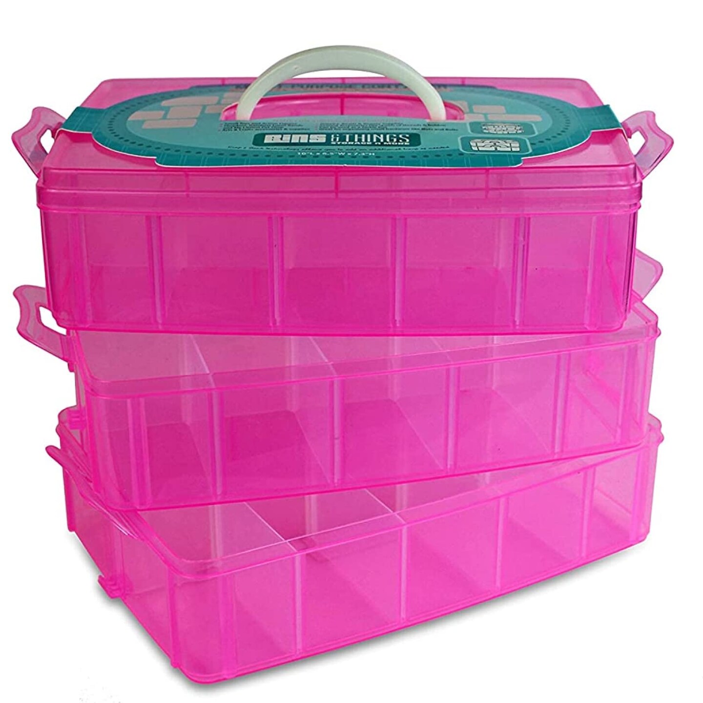 Bins &#x26; Things Pink 3-Tier Stackable Storage Container with lids - 30 Adjustable Compartments - Craft Organizers and Storage - Bead Organizer Box/Art Supply Organizer - Lego Storage Organizer, X-Large