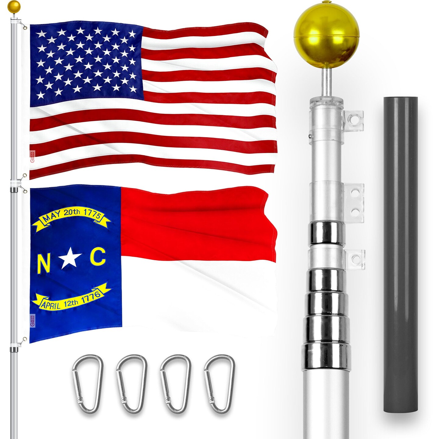 G128 Combo Pack: 25 Ft Telescoping Aluminum Flagpole (Silver) & American and North Carolina Flags 3x5 Ft, Both ToughWeave Series Embroidered Polyester | Pole with Flags Included