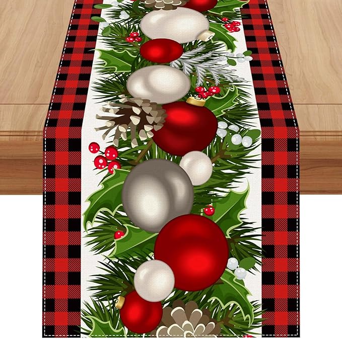 Linen Red and Black Buffalo Check Christmas Table Runner 72 Inches Long Seasonal Winter Christmas Xmas Holiday Farmhouse Style Table Decoration