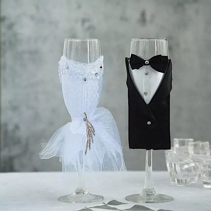 2 pcs 9&#x22; tall Clear Glass Tuxedo and Dress Champagne Wedding Toasting Flutes