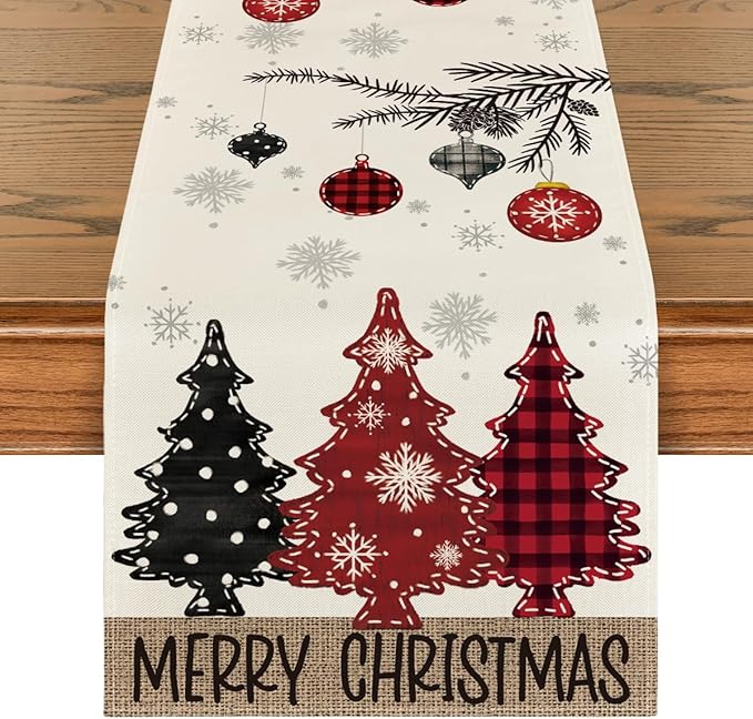 Artoid Mode Red Pine Trees Merry Christmas Table Runner, Winter Xmas Holiday Kitchen Dining Table Decoration for Home Party Decor 13x72 Inch