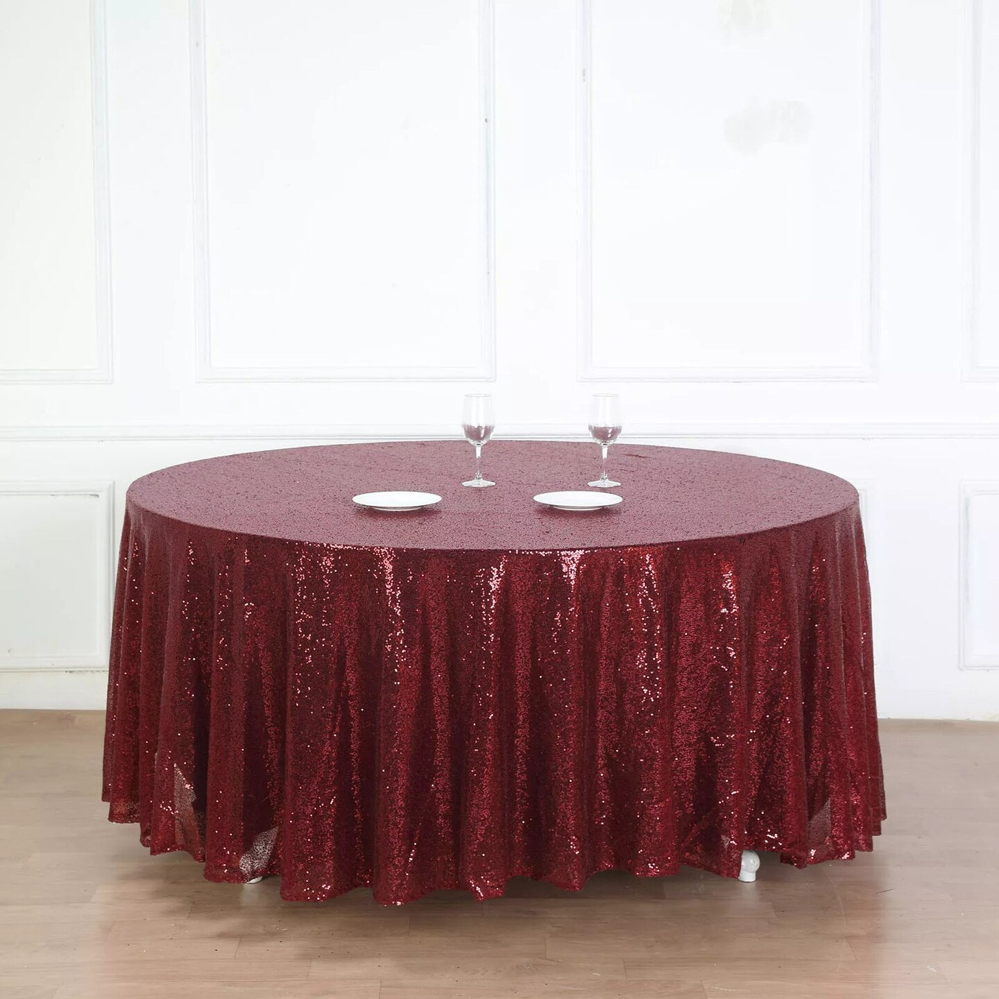 BURGUNDY Sequined 120" ROUND TABLECLOTH Designer Wedding Party Catering Linens