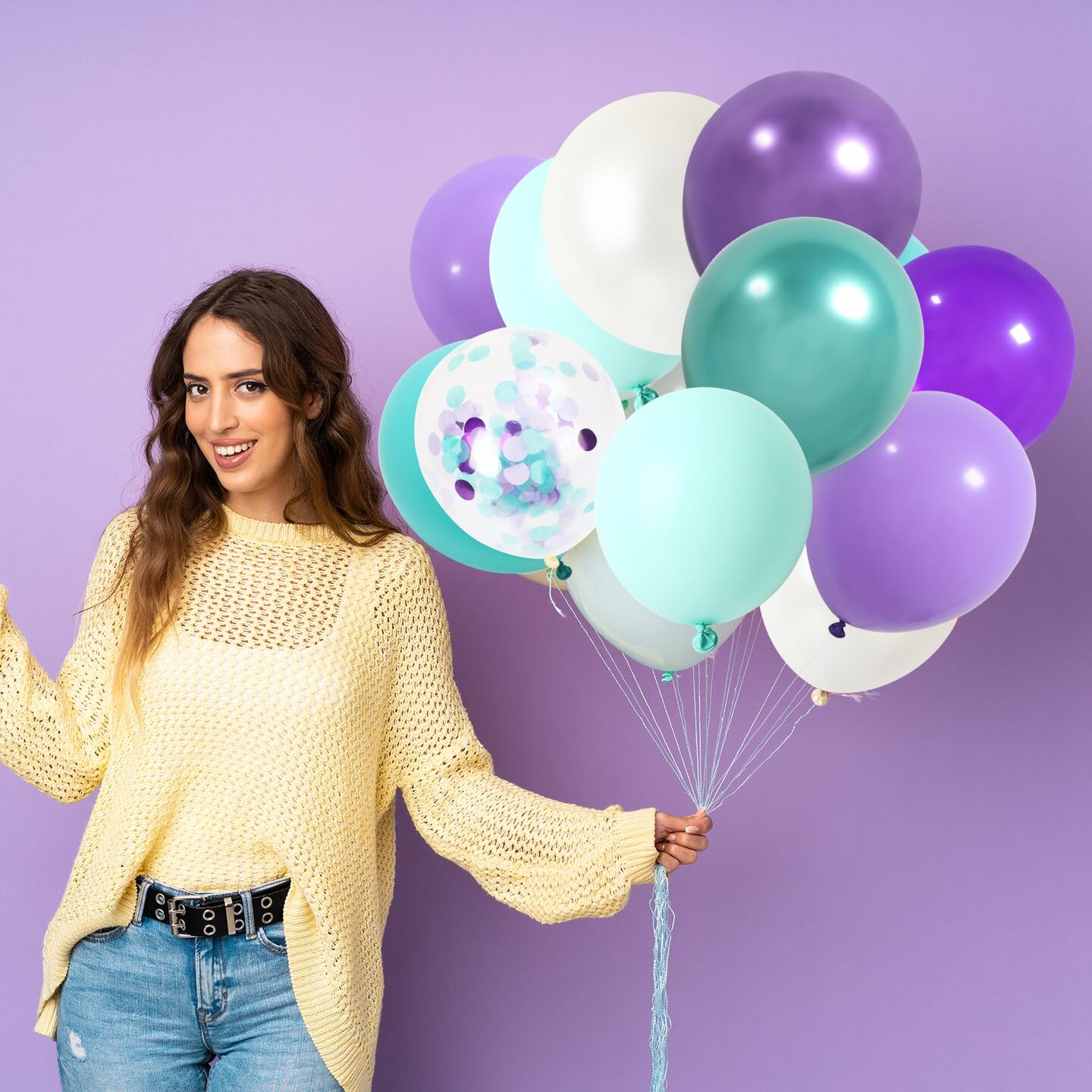 RUBFAC 65pcs 12 Inches Teal Blue Purple Balloons, Little Mermaid Birthday Decorations, Metallic Green Purple Latex Balloons for Girls Party Baby Shower