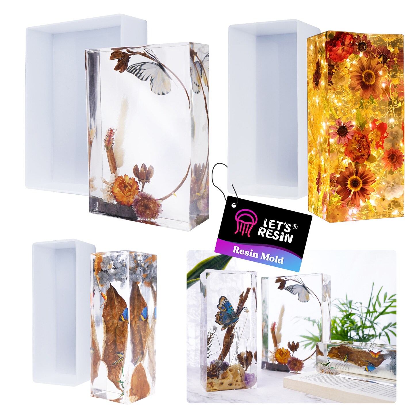 LET'S RESIN Rectangle Silicone Resin Molds, 3pcs Large Resin Molds w/Wooden Support, Deep Epoxy Resin Molds for Flowers Preservation, Insect Specimen, Home Décor,DIY Resin Art Crafts Gift