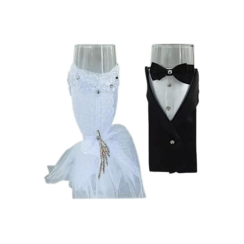 2 pcs 9&#x22; tall Clear Glass Tuxedo and Dress Champagne Wedding Toasting Flutes