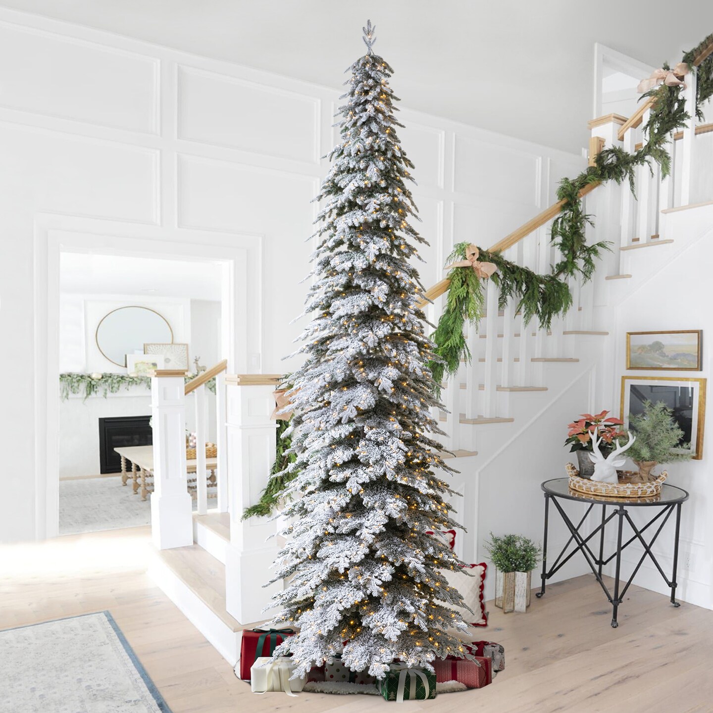 15FT Pre-Lit Flocked Pencil Spruce Artificial Christmas Tree With Warm White Lights, With Remote Control