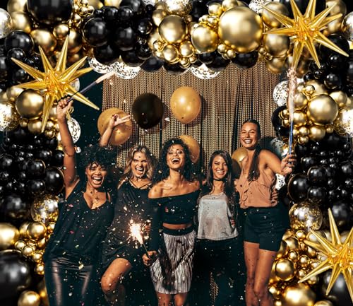 FOTIOMRG Black and Gold Balloons Garland Arch Kit, 5 10 12 18inch Black Gold Confetti Latex Balloons for 2024 Graduation New Year Anniversary Birthday Party Decorations