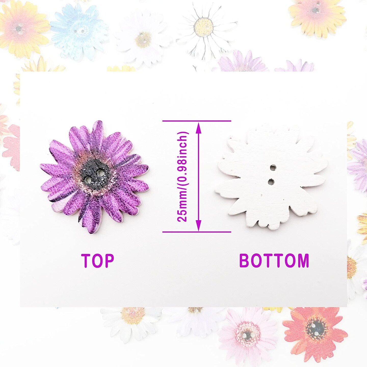 Alfykym 100Pcs Wood Daisy Buttons Painted Wooden Flower Buttons for Crafts Sunflower Wood Buttons 2 Holes Flatback Flower shaped Buttons