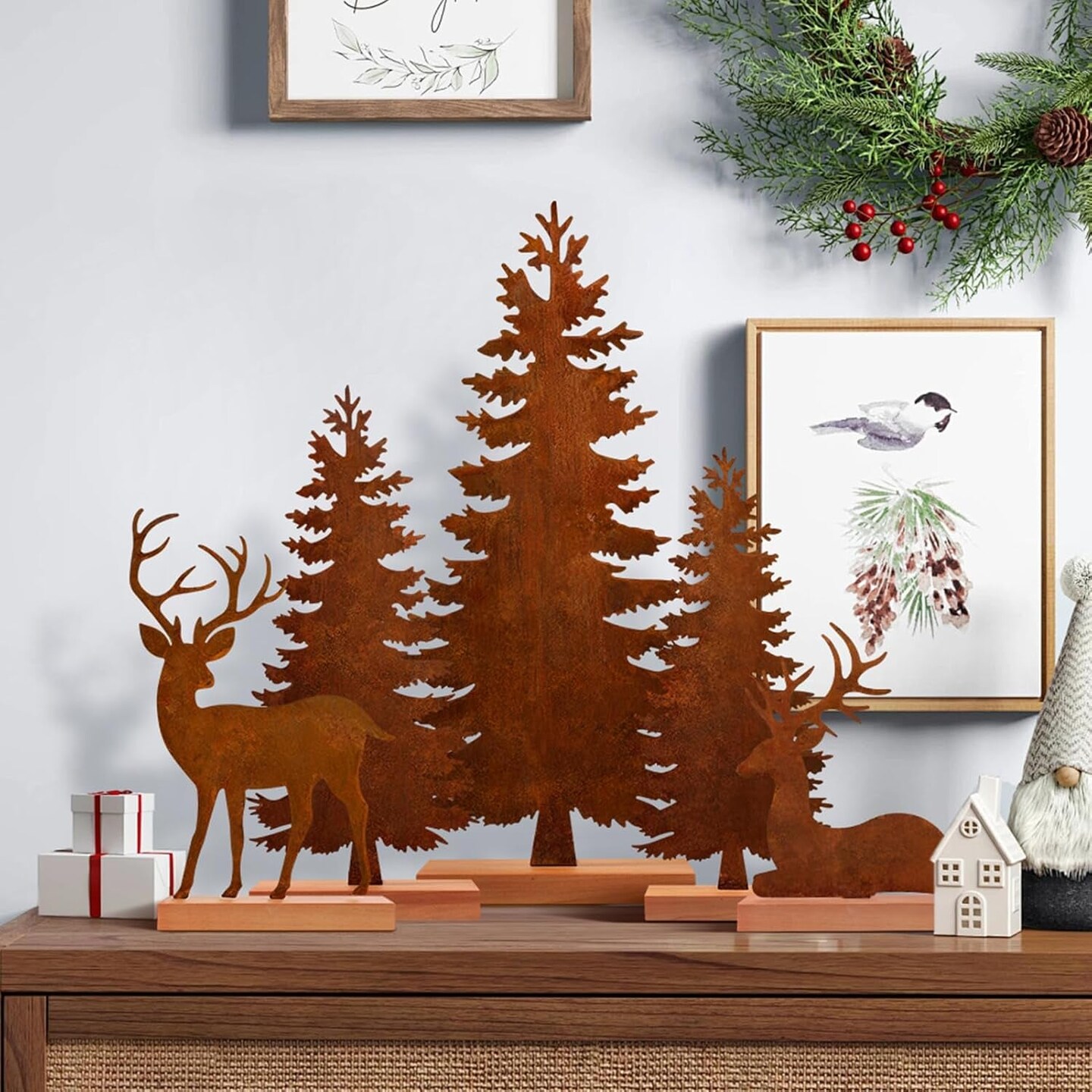 Set of 5 Metal Christmas Pine Tree and Elk Tabletop Decor, Rusty Steel Vintage Evergreen Tree Table Centerpieces - Farmhouse Xmas Holiday Decoration for Room Fireplace Shelf