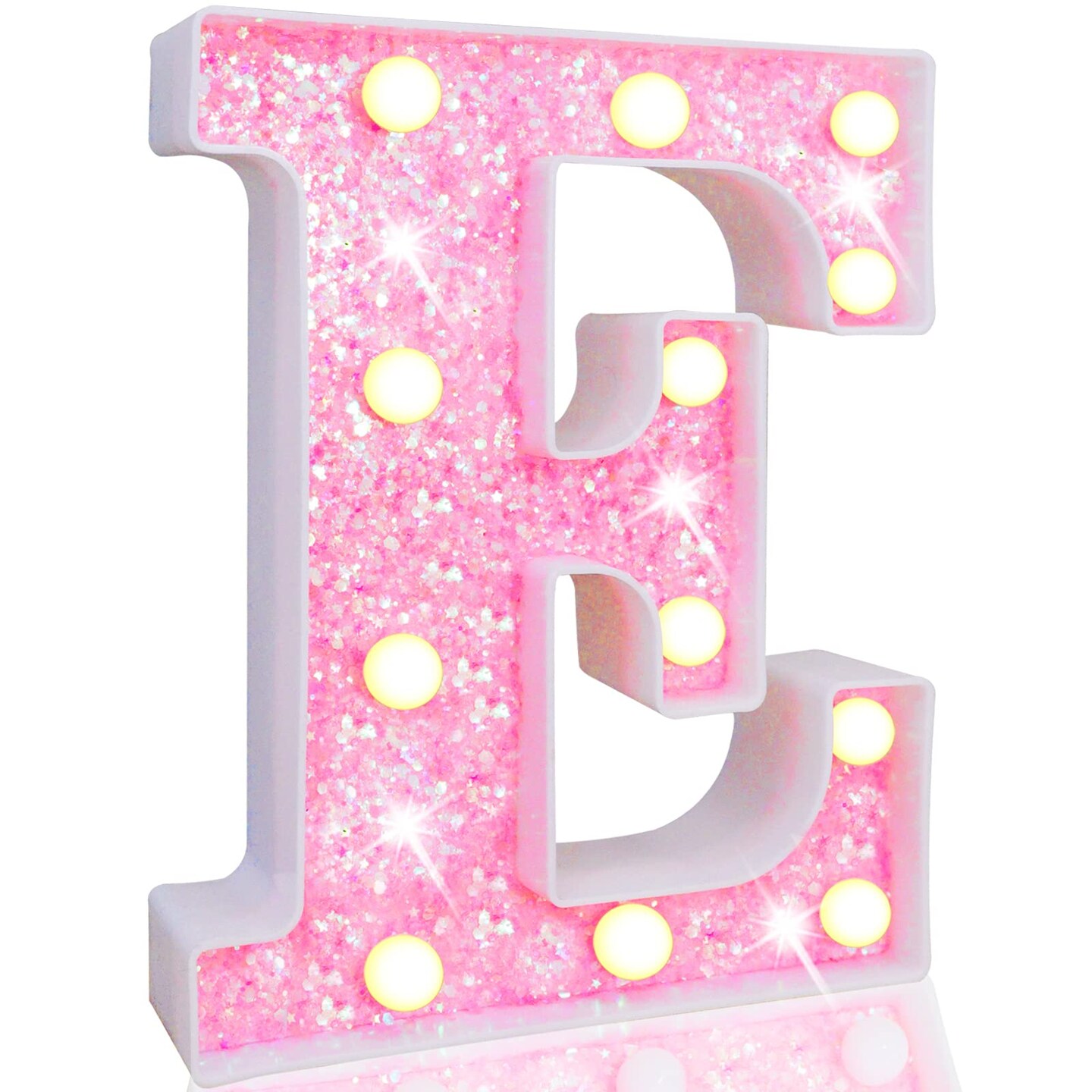 Pooqla LED Marquee Letter Lights  Light Up Pink Glitter Alphabet Letter E Sign Battery Powered for Night Light Birthday Party Wedding Girls Gifts Home Bar Christmas Decoration