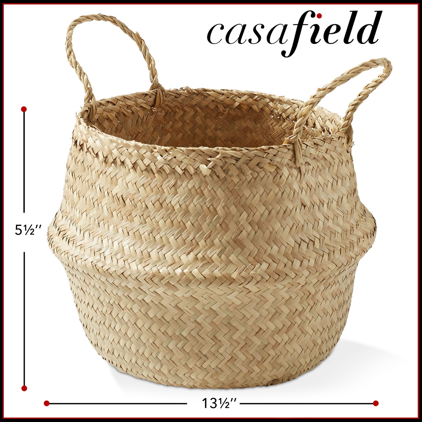 Casafield Seagrass Belly Baskets with Handles, Natural Woven Storage Basket Planters, Round Folding Bins for Home Decor, Indoor Plant Pot Covers