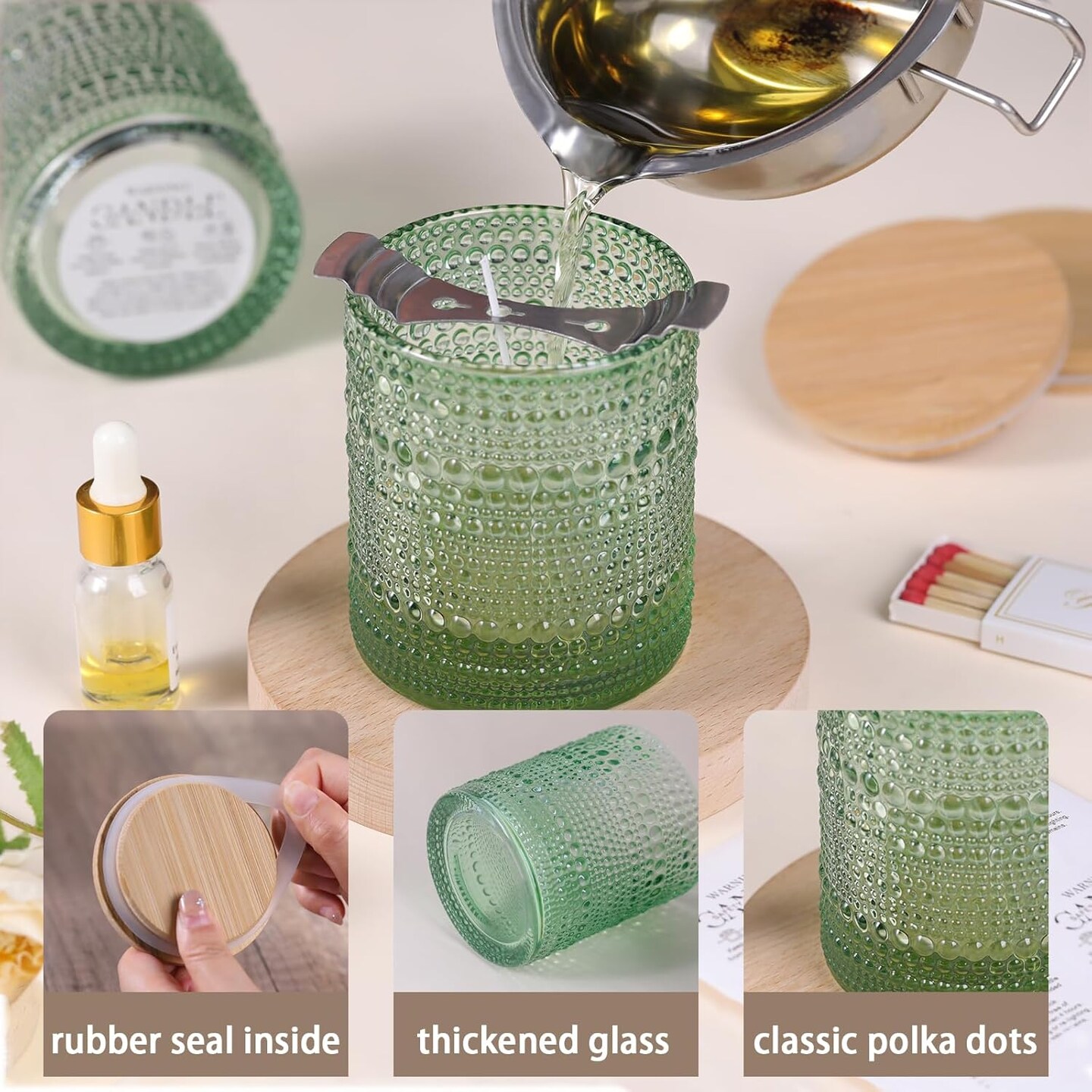 8 Pack 14 OZ Empty Glass Candle Making Jars with Bamboo Lids and Labels (Green) 3.3 x 3.3 x 3.9 inches