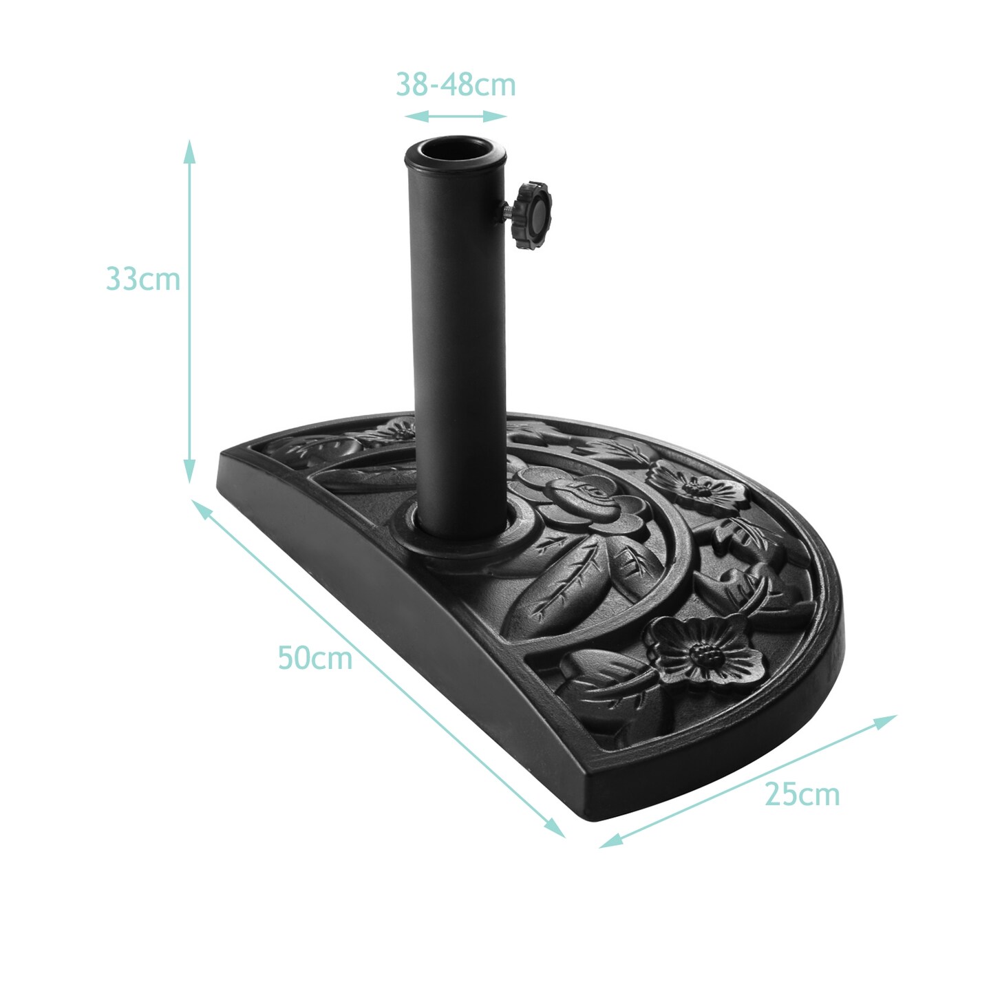 Black Resin Half-Round Patio Umbrella Base with Metal Holder and Floral Design