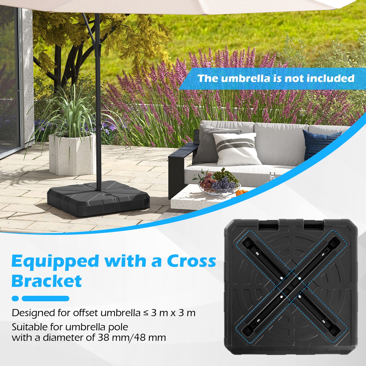Black Metal Offset Umbrella Base with Cross Bar and Fill Ports
