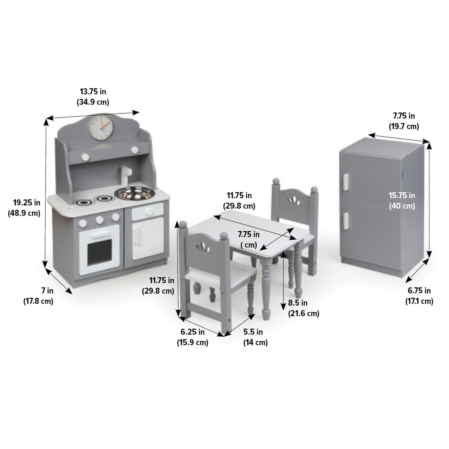 Badger Basket Kitchen Furniture Set for 18 inch Dolls - Gray/White