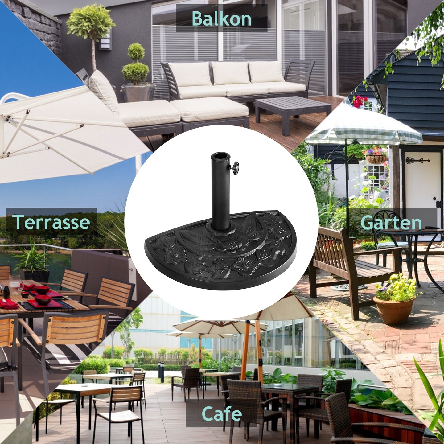 Black Resin Half-Round Patio Umbrella Base with Metal Holder and Floral Design