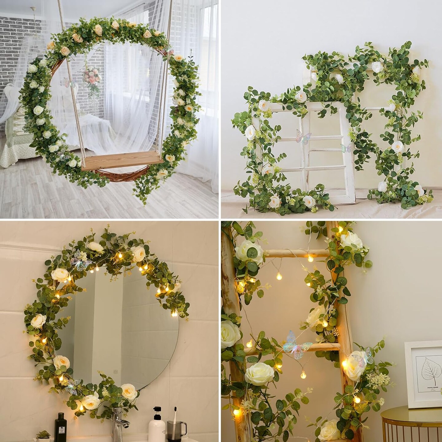 6.4 Ft Artificial Eucalyptus Garland with White Flowers & Butterfly