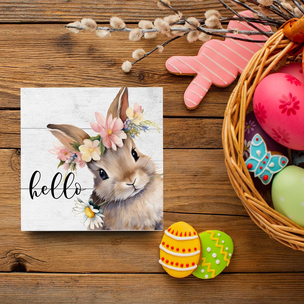 Rustic Spring Easter Decorations Bunny Rabbit Wreath Desk Decor Cute Hello Wood Box Sign Farmhouse Home Office Desk Shelf Cubicle Decor 5 X 5 Inch