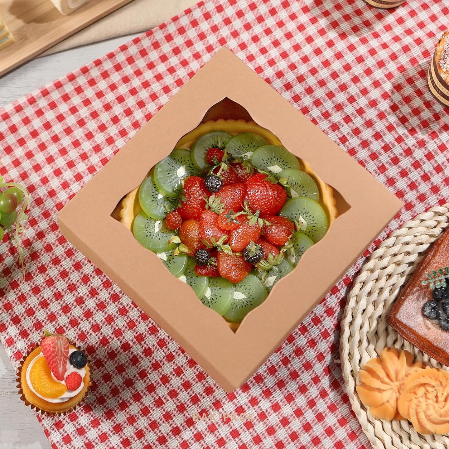 25 Kraft Bakery Boxes with Window, 8x8x4 Inches Cake Boxes with Window, Treat Boxes for Pastry, Cupcake, Cookies, Muffins, Pie