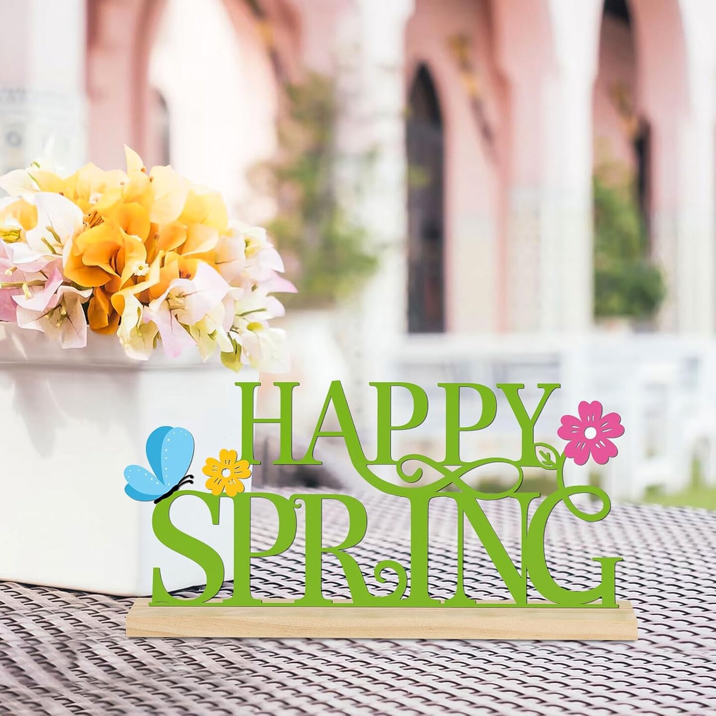 Metal Happy Spring Sign, Spring Decorations for Home, Office, Shelf, Mantel, Indoor, Spring Flower Decor, Spring Butterfly Table Top Party Decoration (Spring)