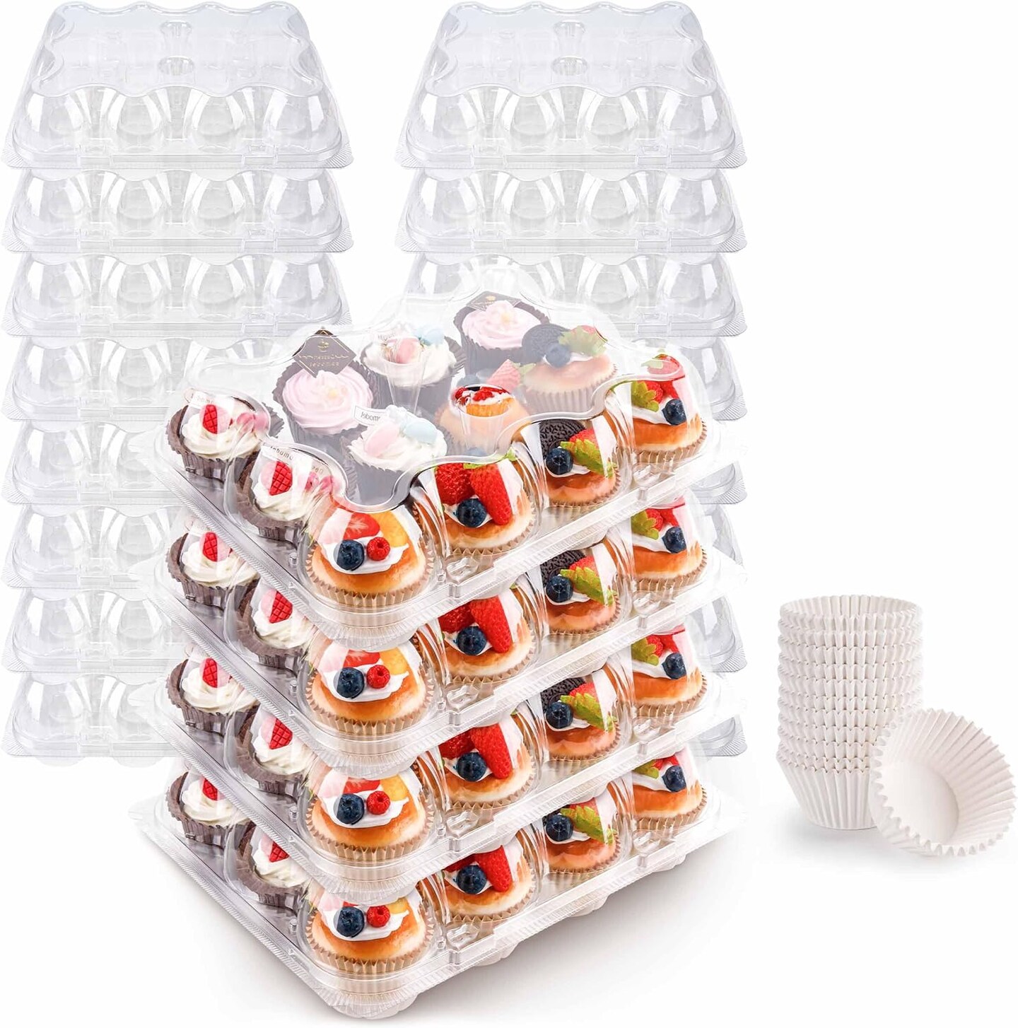 12 Count Cupcake Containers 12 Pack Cupcake Holders Plastic Stackable Cupcake Boxes with Detachable Tall Dome Lids and 144 Liners for 144 Cupcakes, BPA Free, Standard Size