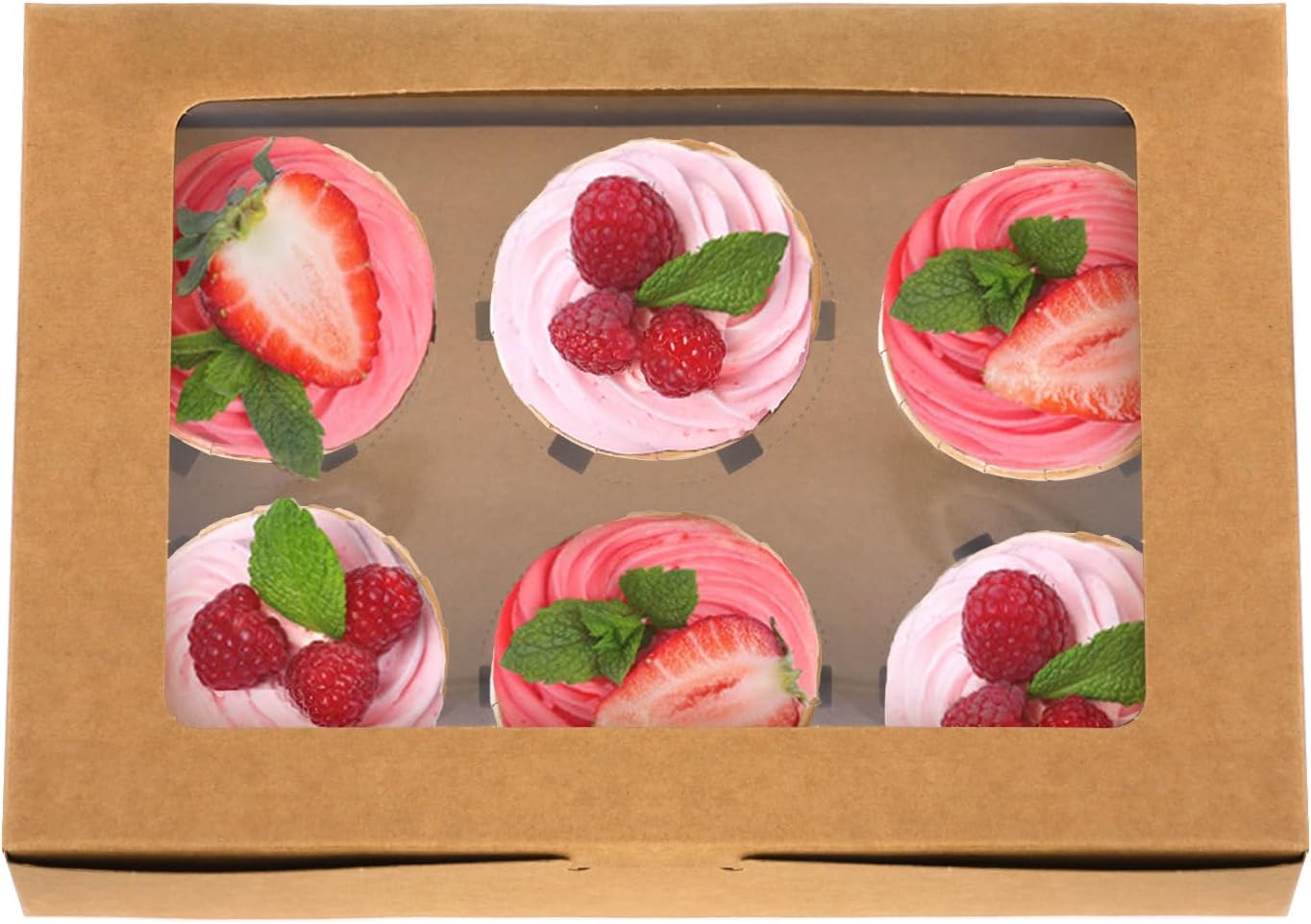 50 Pack Kraft Cupcake Box with Insert and Window Hold 6 Standard Cupcake, Food Grade Cupcake Carrier Container, Brown Bakery Box for Pastry, Cookies, Small Cake, Desserts Treat.