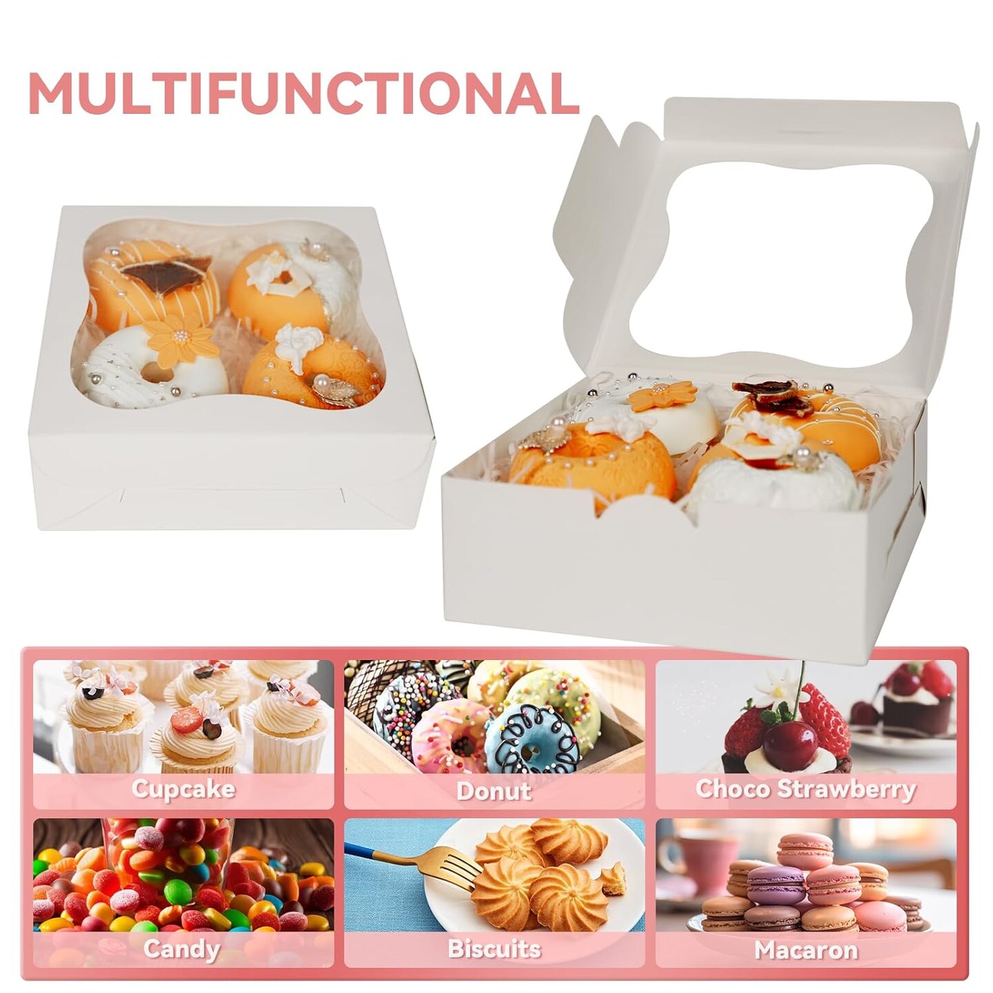 50 Cupcake Boxes with Window, 7×7×2.5 in, for Treats & Pastries