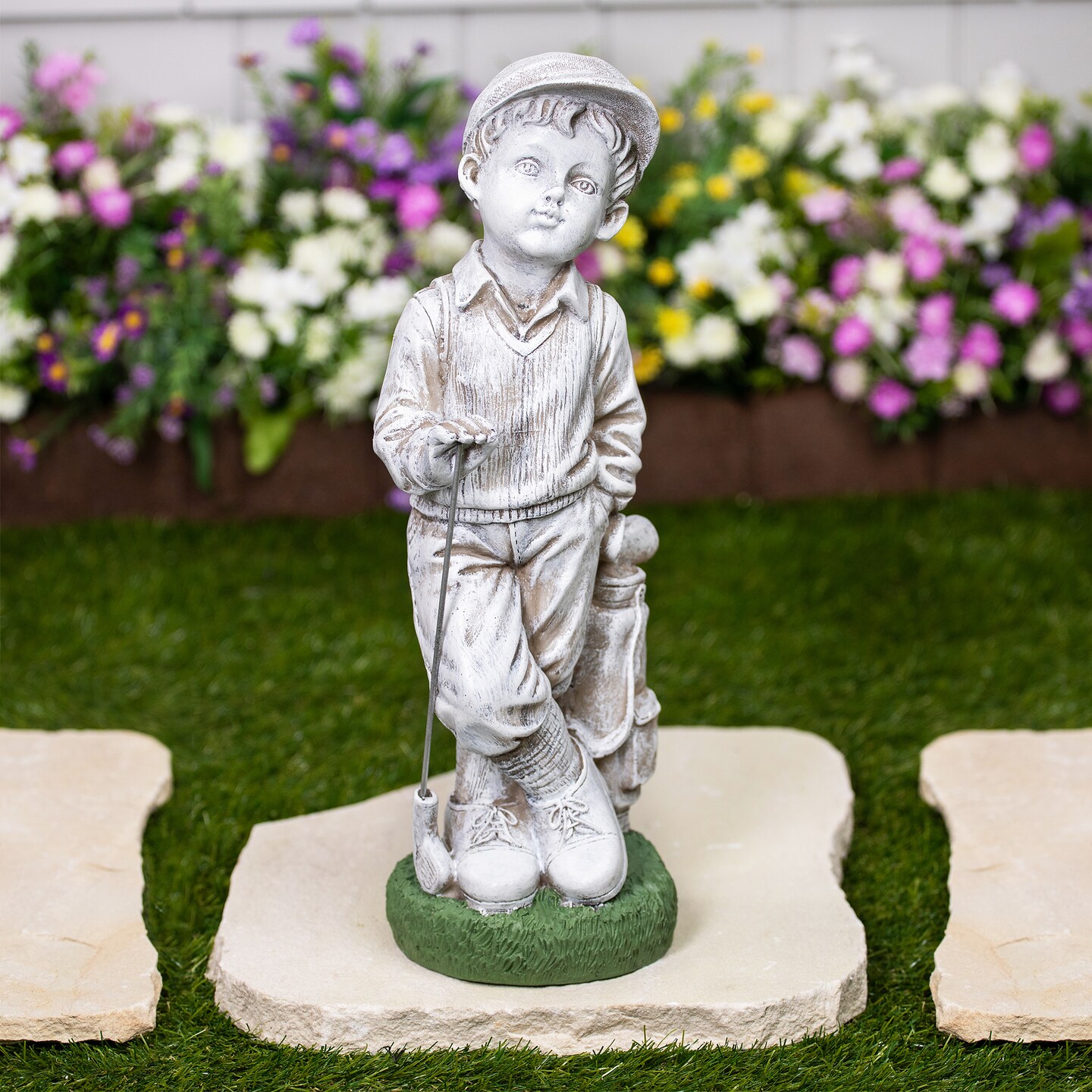 Northlight Golfer Boy with Clubs Outdoor Garden Statue - 17&#x22;