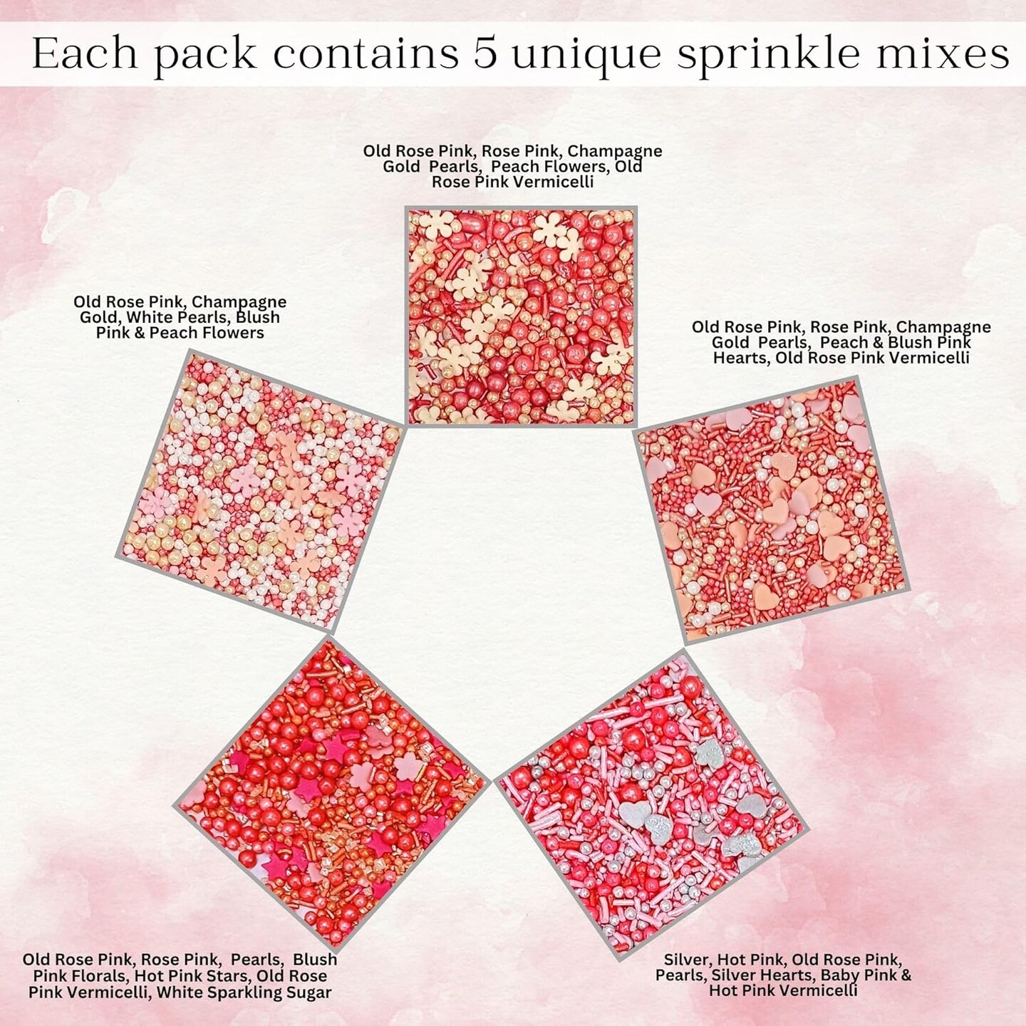 Pretty in Pink, Gold and white Flower &#x26; Pearl Sprinkles | Heart &#x26; Star Sprinkles | Valentines Sprinkles for Baking &#x26; Cake Decorative | Edible sprinkles Mix Pack of 5 (5 Oz)