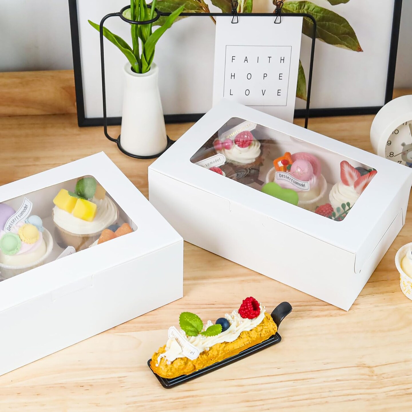 Cupcake Boxes with Inserts 6 Holders, White Standard Bakery Boxes with Window Food Grade Cupcake Containers 6 Count for Muffins, Pack of 15