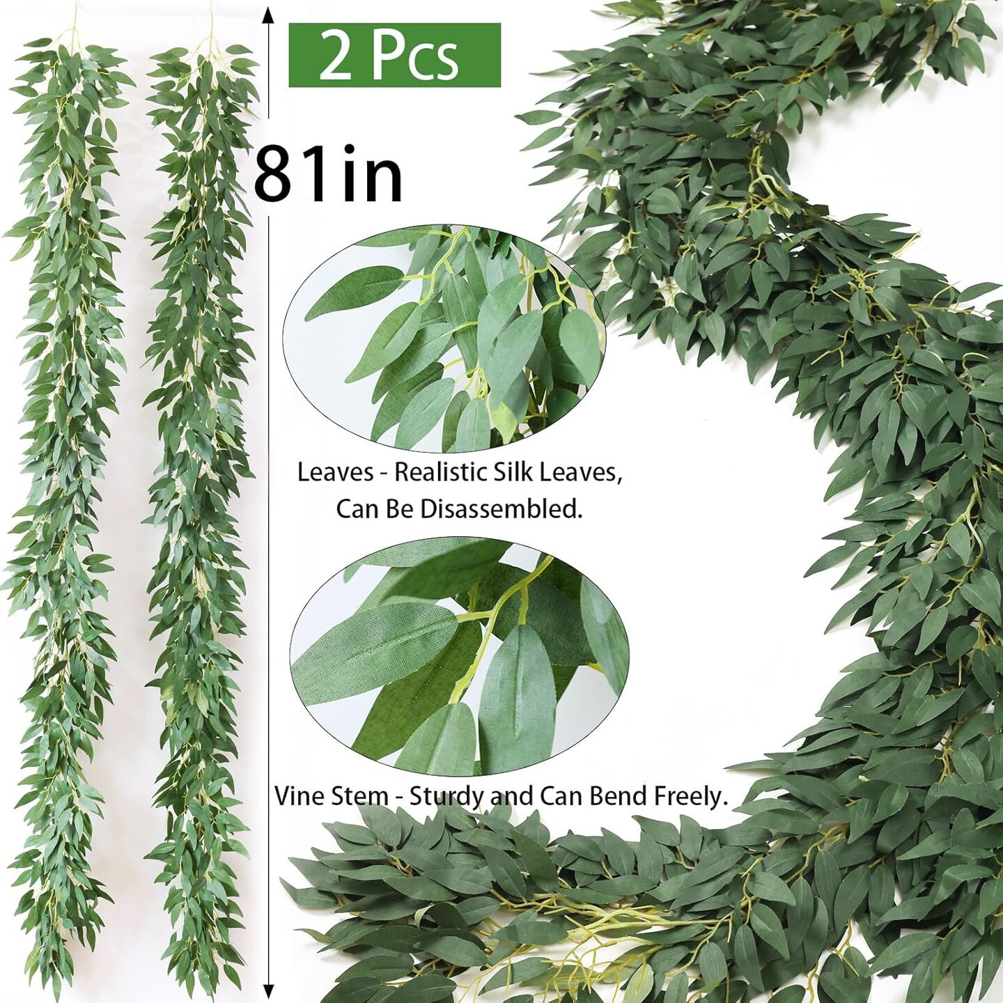 2 Strands Artificial Vines Willows Garland 81&#x22; Fake Vine with Silk Green Leaves Faux Hanging Plants Greenery Decoration for Wedding Arch Bedroom Wall Party Apartment Room Decor (Willows)