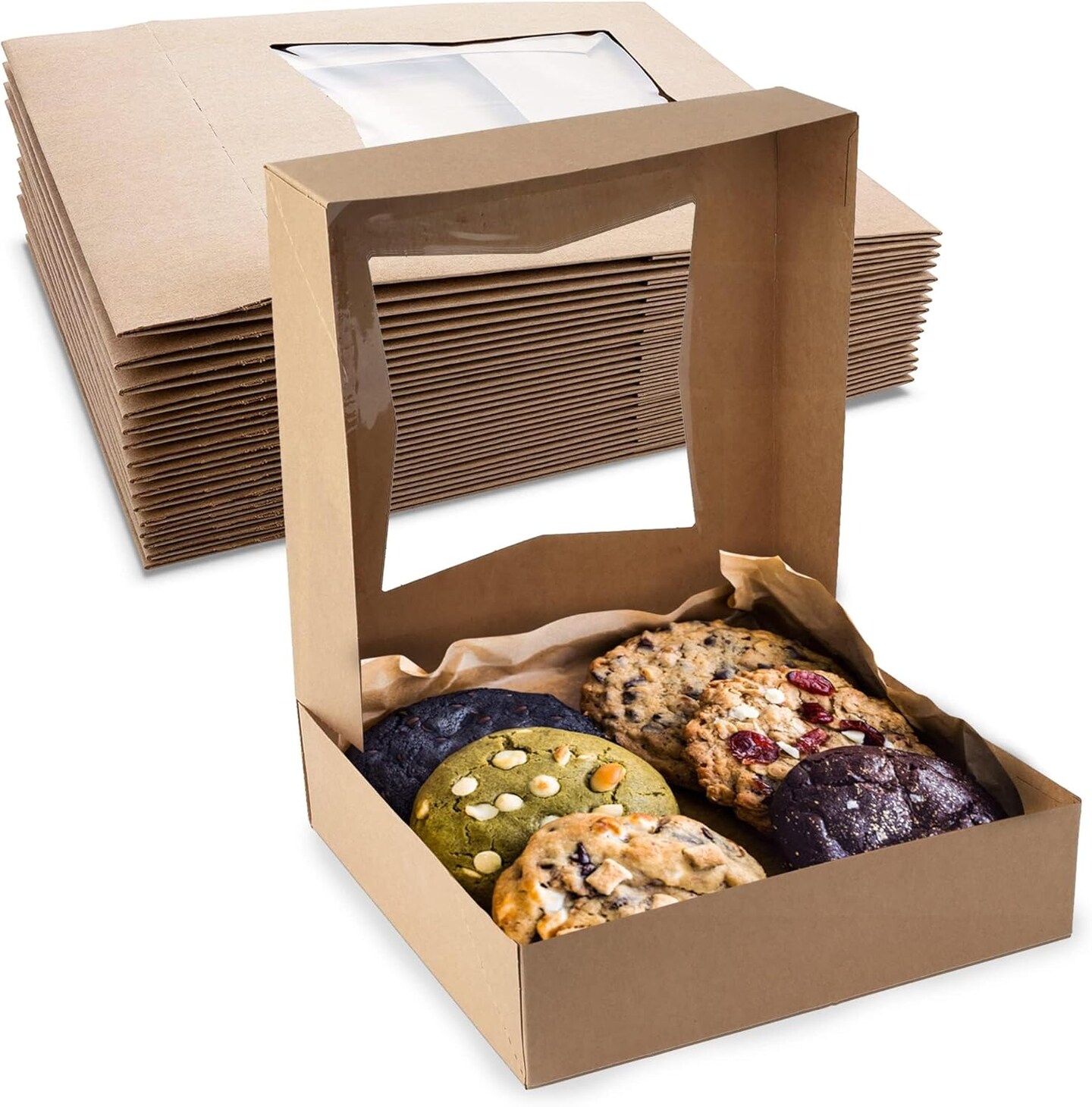 25 Brown Auto Pop-Up Cookie Boxes with Window, 8×8×2.5 in, USA Made